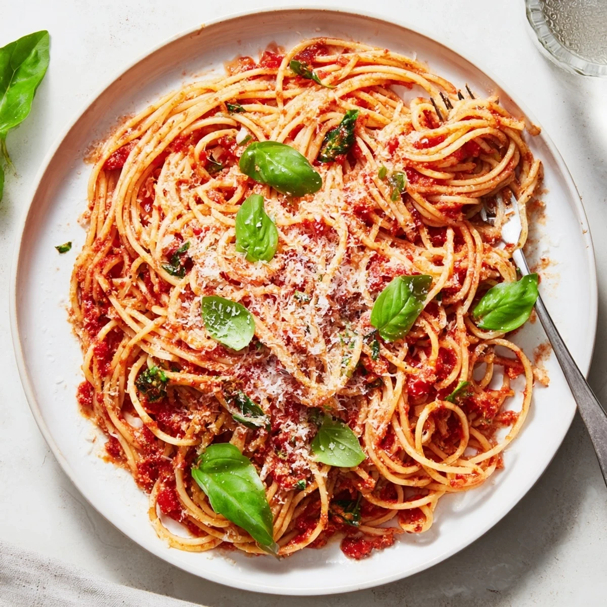Steaming bowl of classic Italian pasta with savory tomato sauce and aromatic herbs sprinkled with cheese