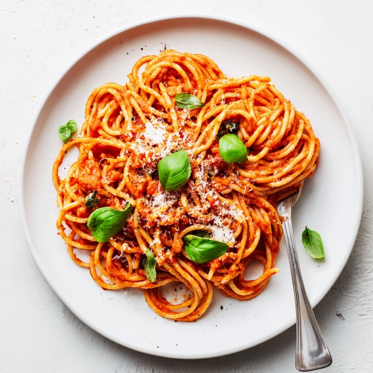 Al dente pasta coated in homemade tomato sauce garnished with fresh basil leaves and Parmesan shavings