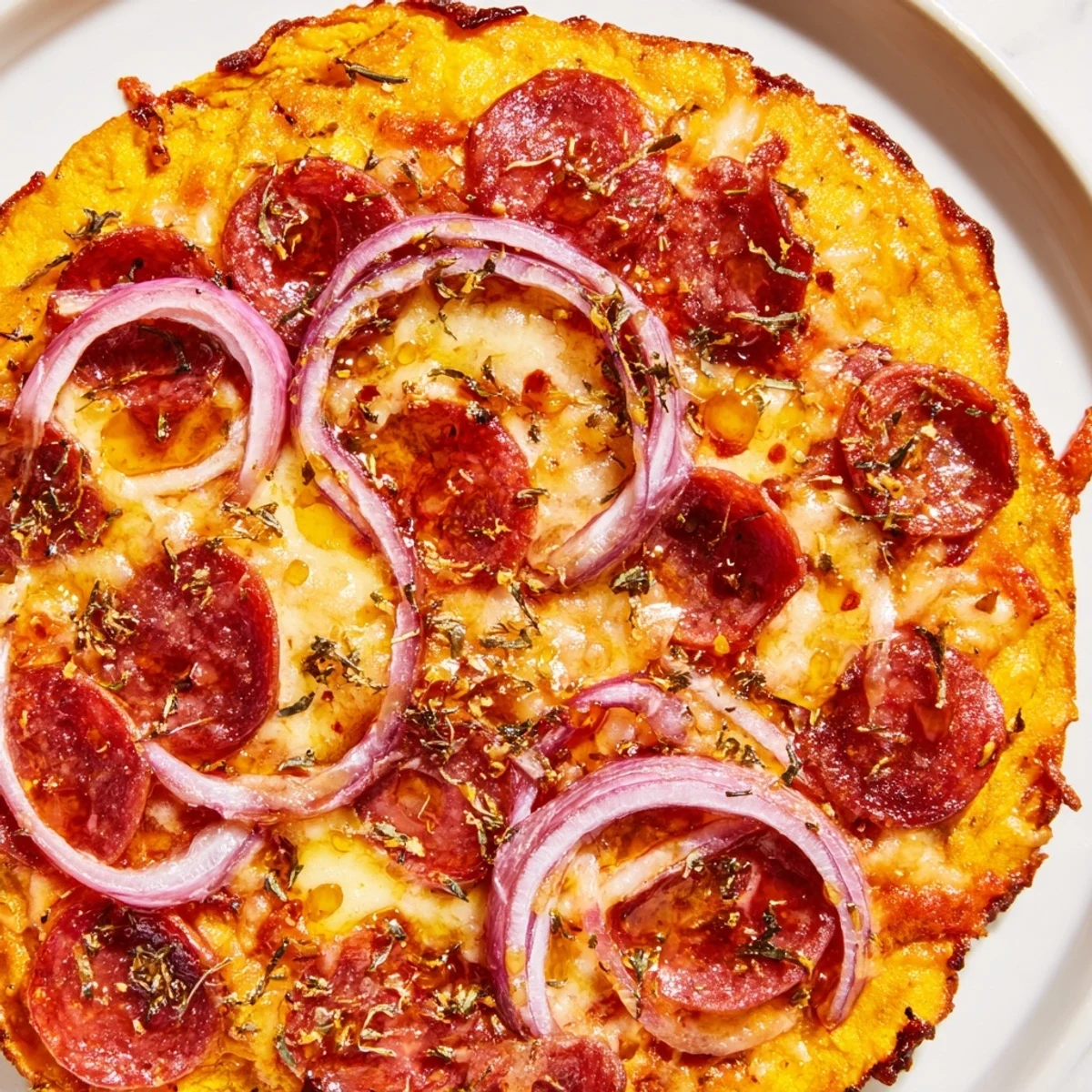Golden sweet potato crust pizza topped with melted mozzarella pepperoni and spicy hot honey drizzle