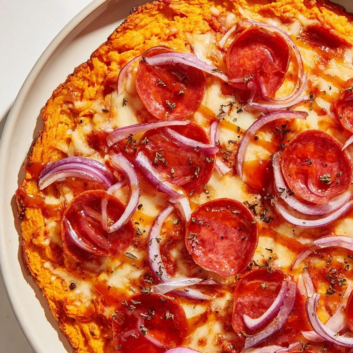 Gluten-free pepperoni hot honey pizza featuring crispy sweet potato crust bubbling cheese and chili-infused honey