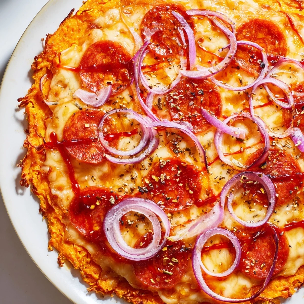 Sliced pepperoni and gooey cheese on sweet potato crust finished with sweet spicy hot honey glaze