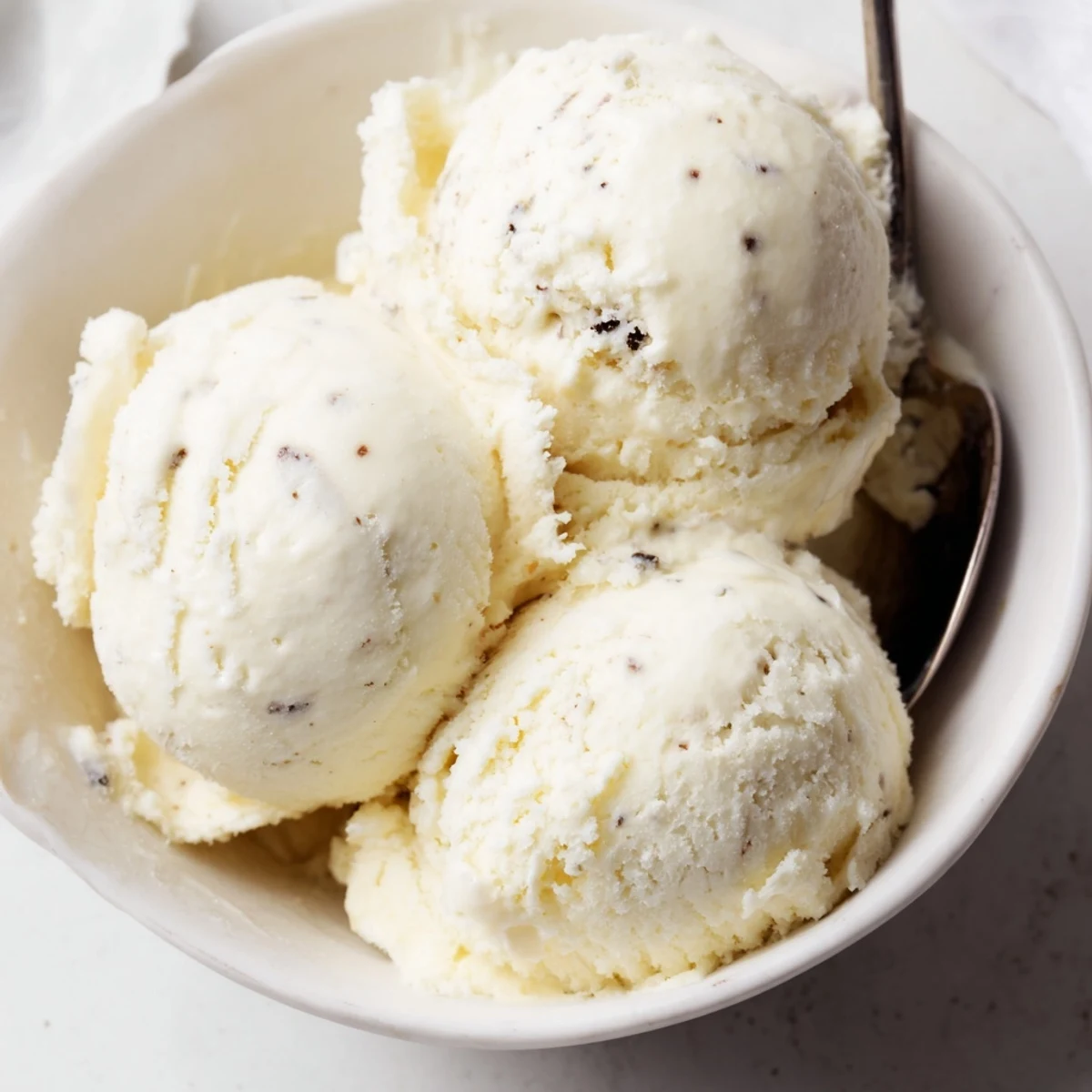 Rich vanilla ice cream scooped into a vintage ceramic dish topped with dark chocolate sauce