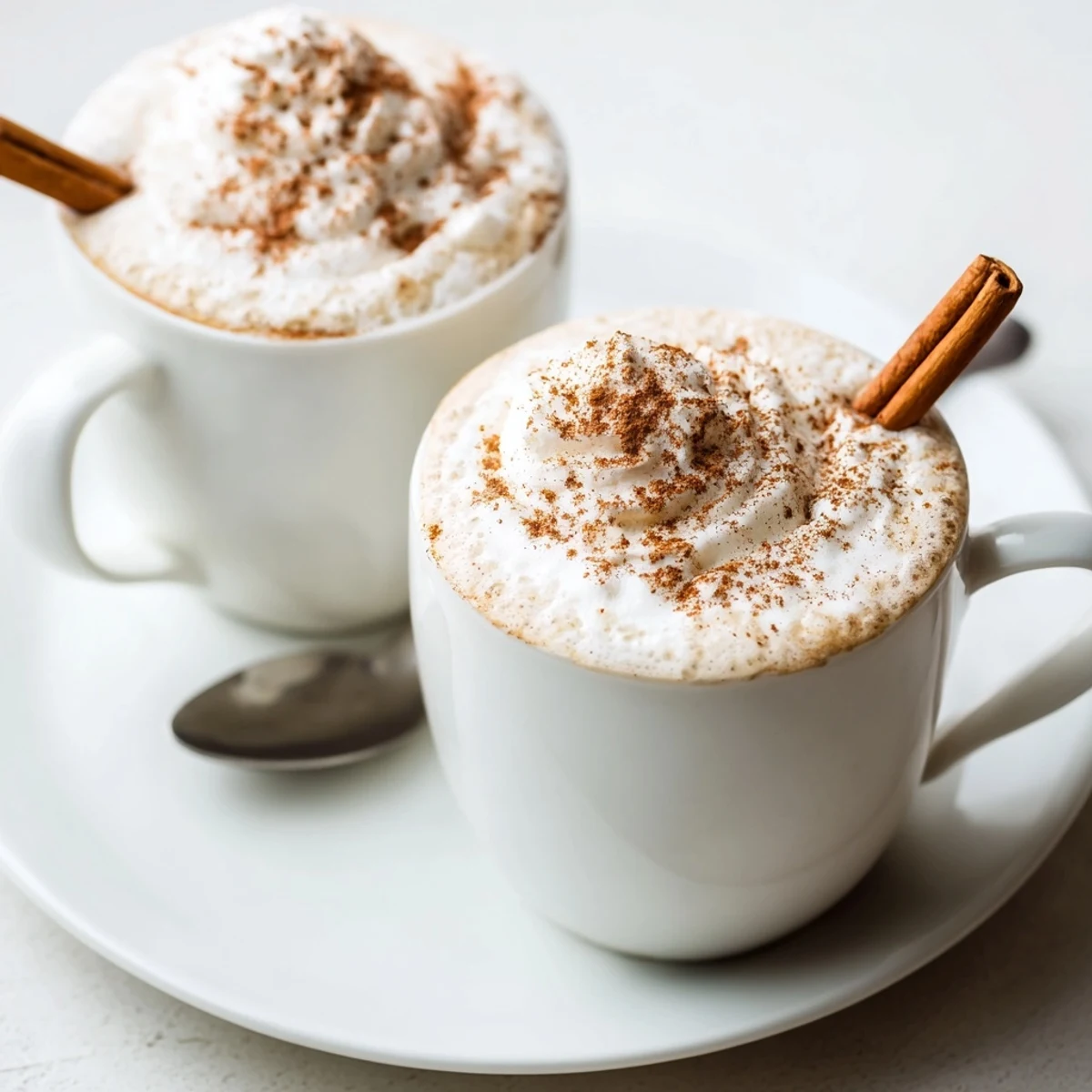 Steaming Cozy Winter Lattes in ceramic mugs, cinnamon dusting and froth.