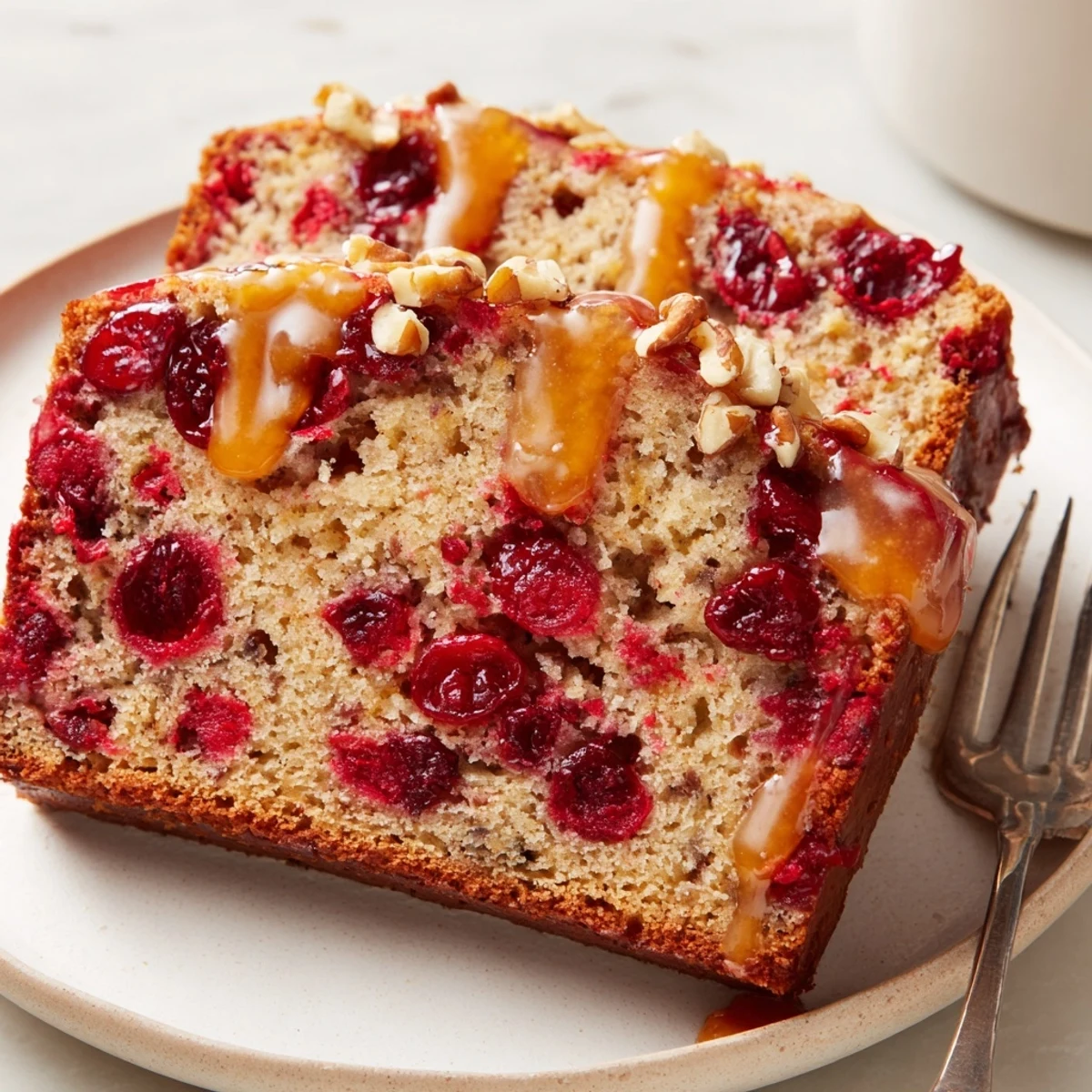 Sliced Cranberry Orange Bread showing moist crumb, tart berries, morning coffee pairing