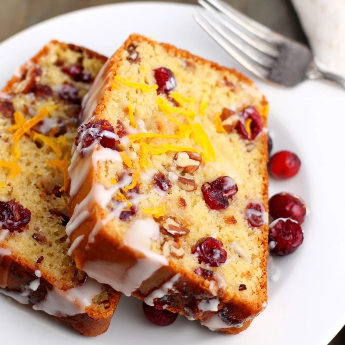 Loaf of Cranberry Orange Bread with powdered sugar glaze, served on plate