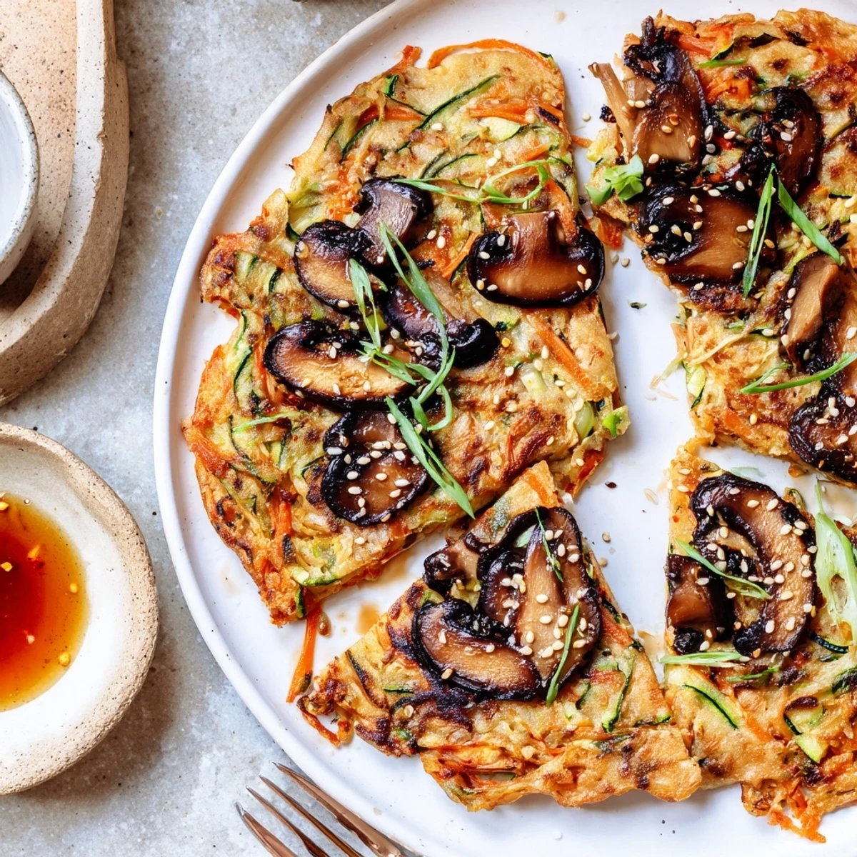 Vegan Kimchi Pancake With Tamari Mushrooms, golden crispy wedges with tangy dipping sauce