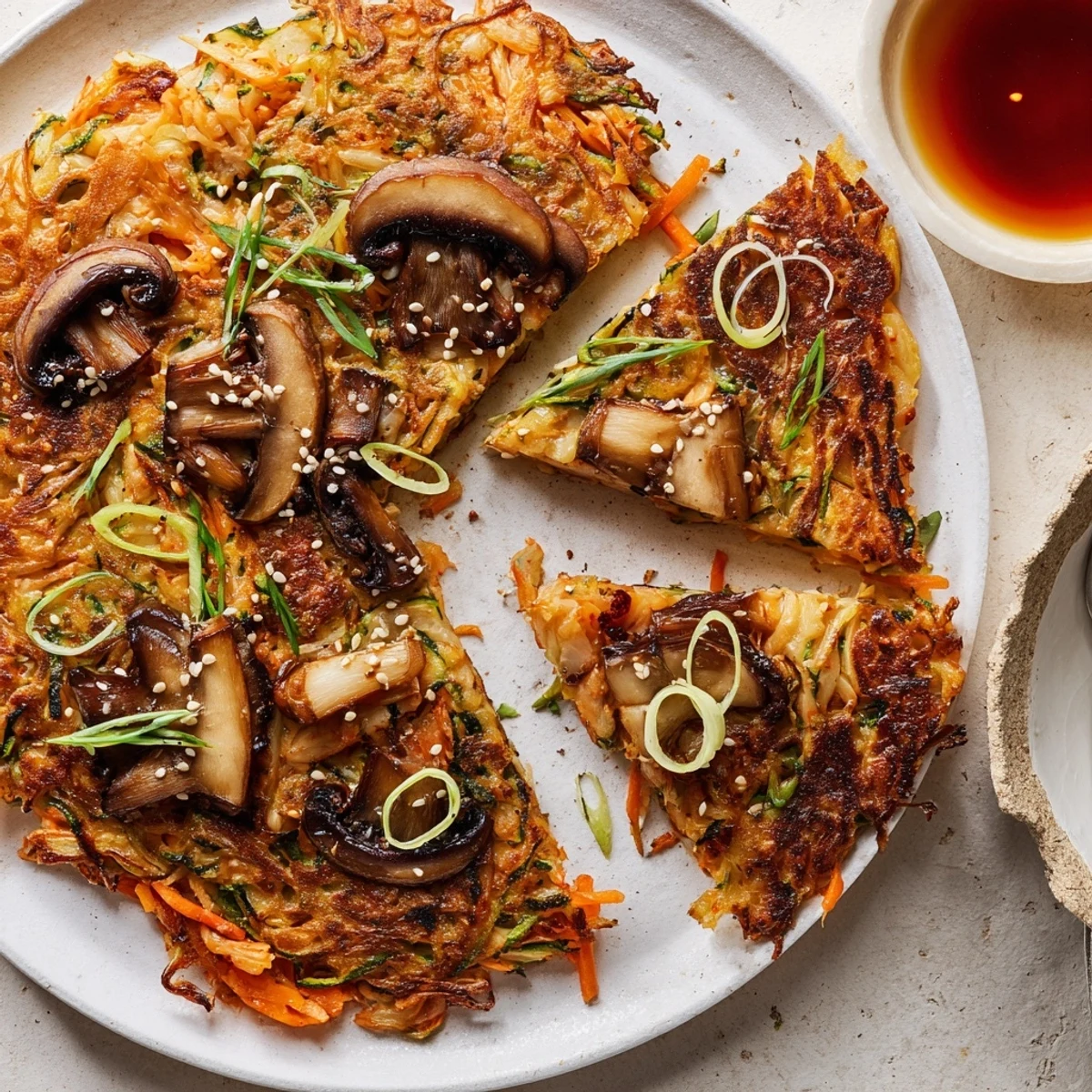 Skillet served Vegan Kimchi Pancake With Tamari Mushrooms topped with savory glazed shiitake