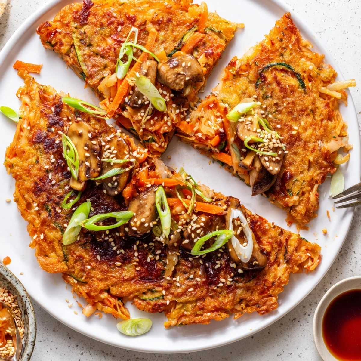 Crispy Vegan Kimchi Pancake With Tamari Mushrooms served hot, scallions and sesame