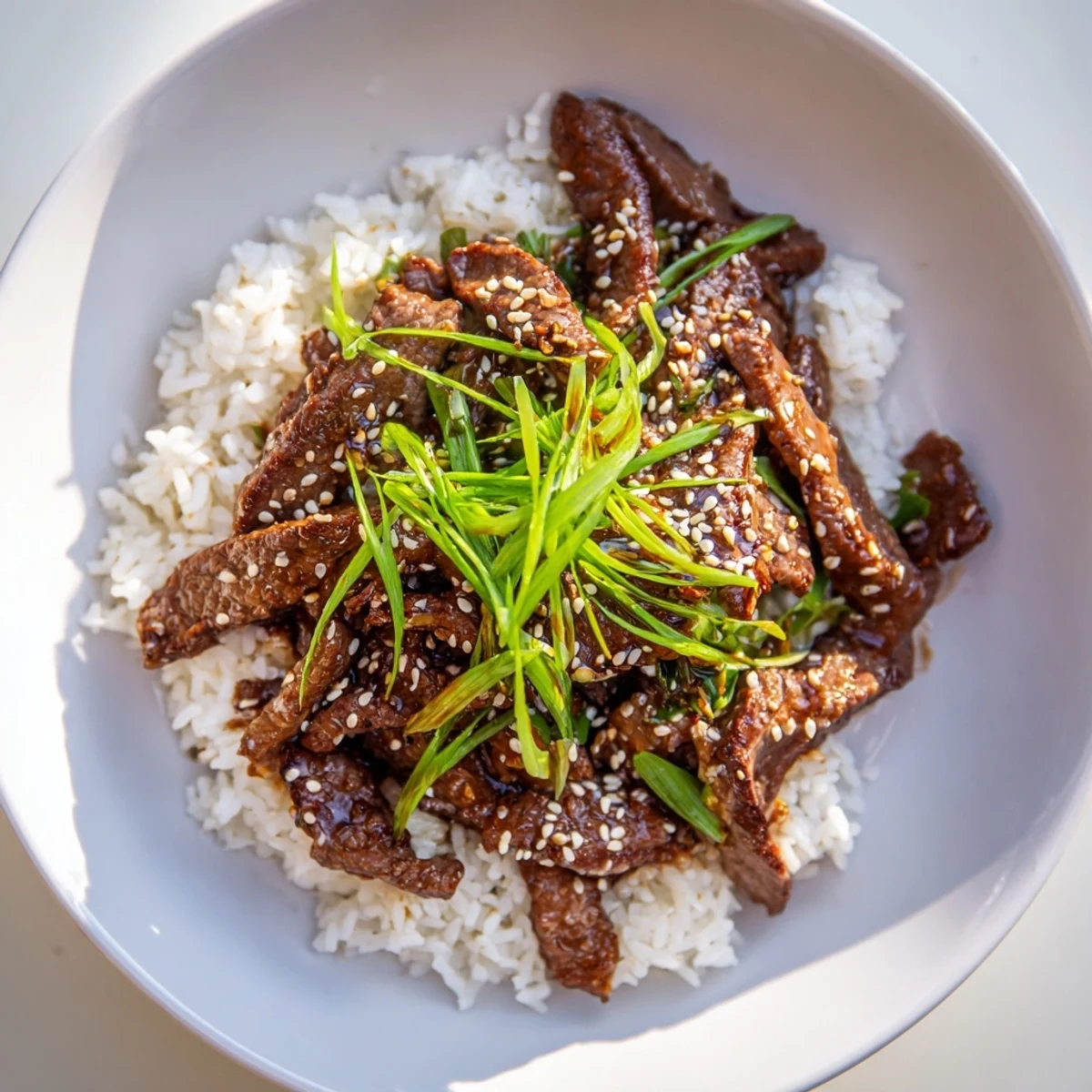 Juicy Korean Beef served atop steaming white rice, garnished with scallions
