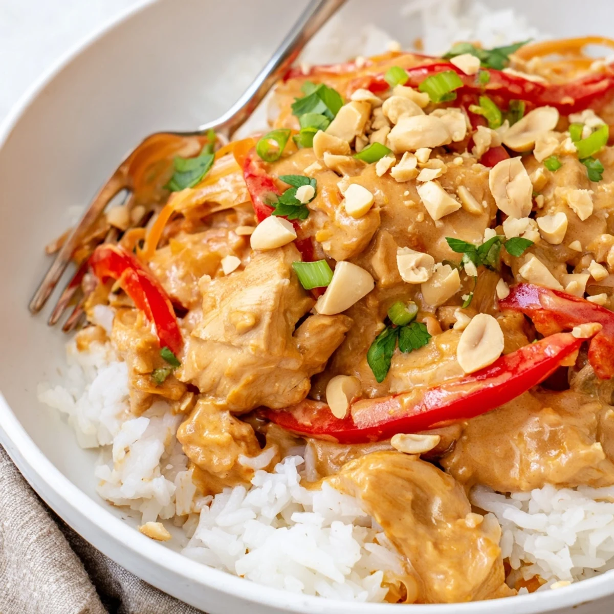 Crockpot Thai Peanut Chicken simmering in creamy sauce over steamed jasmine rice.