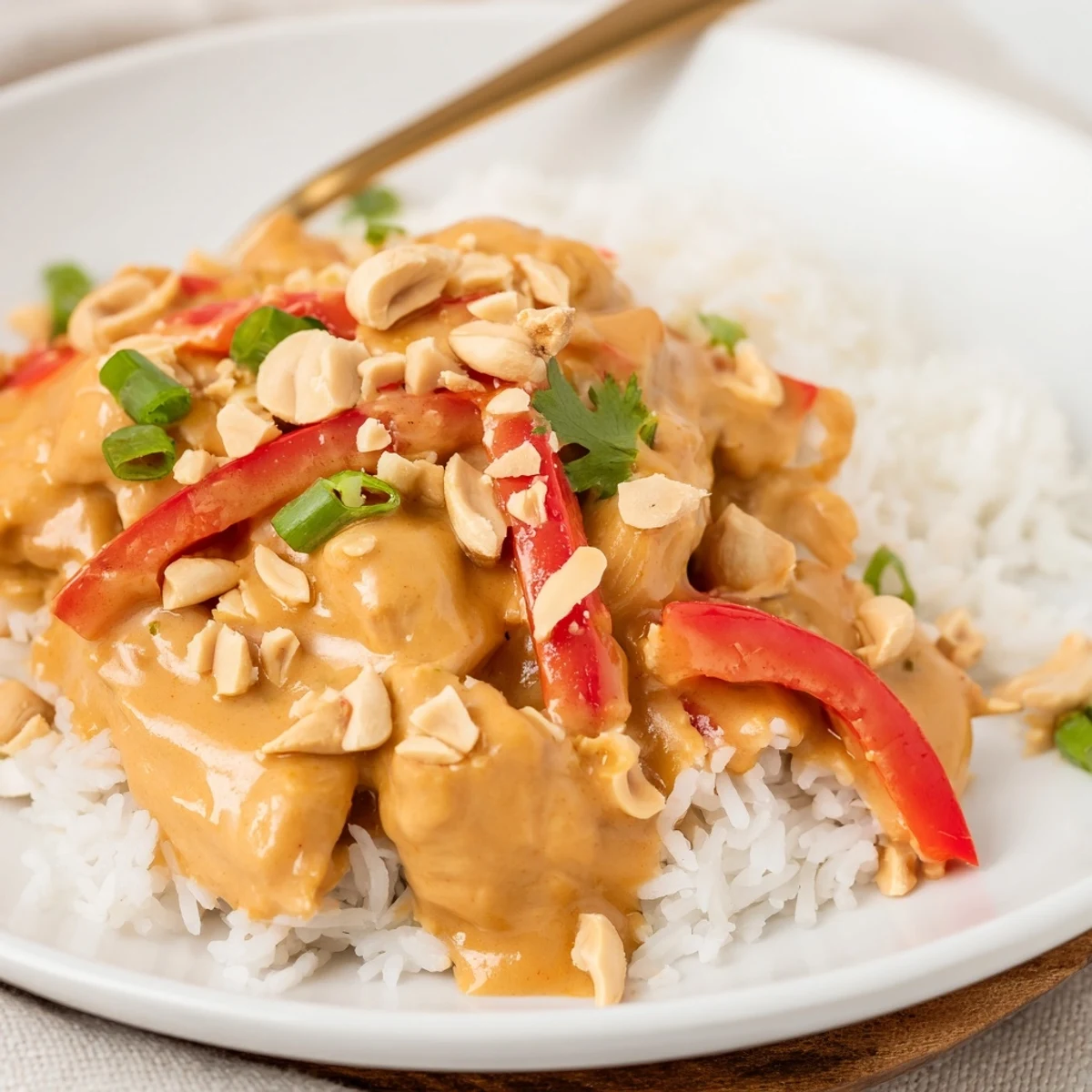 Hearty Crockpot Thai Peanut Chicken topped with chopped peanuts, cilantro, and scallions.