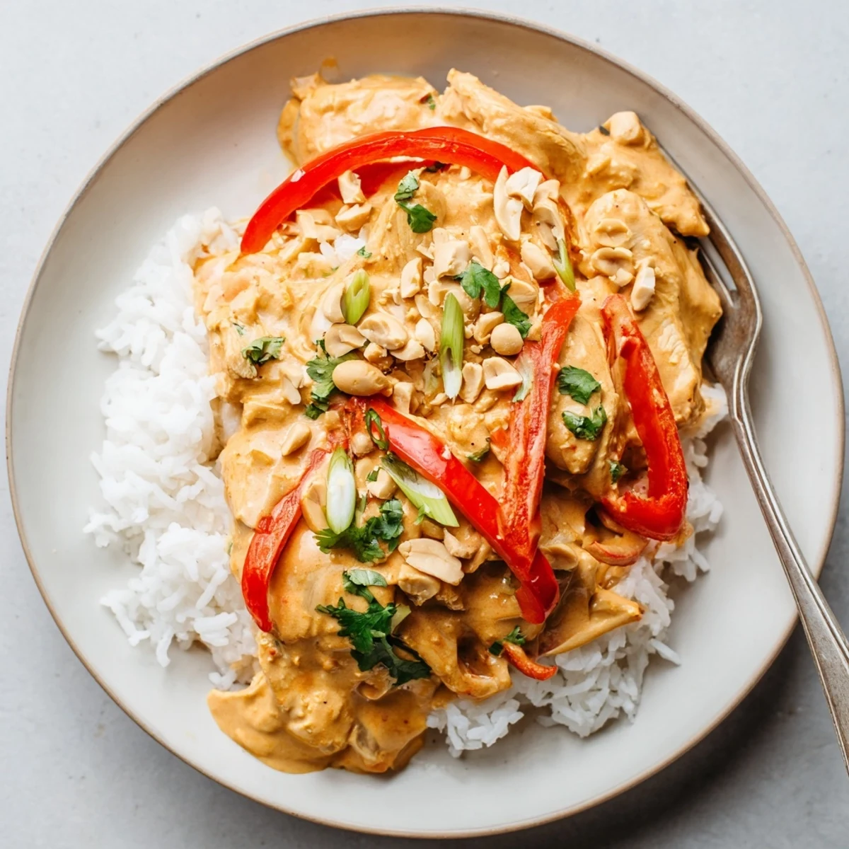 Slow-cooked Crockpot Thai Peanut Chicken with tender shredded meat, bright lime aroma.