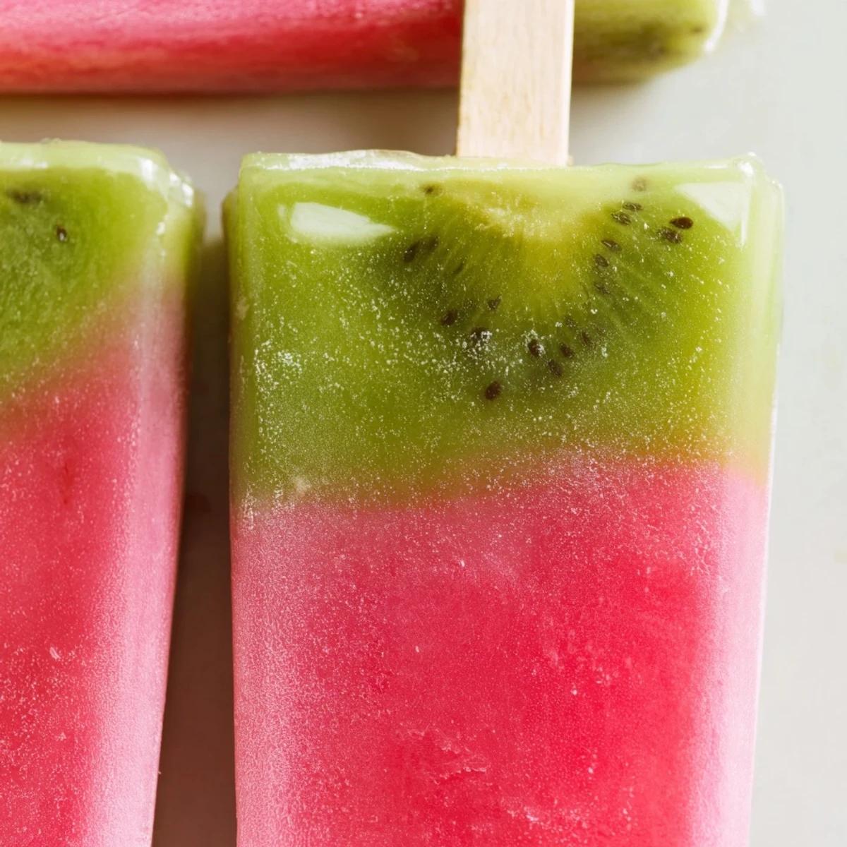 Vibrant layered watermelon kiwi fruit pops on a wooden board with fresh mint garnish