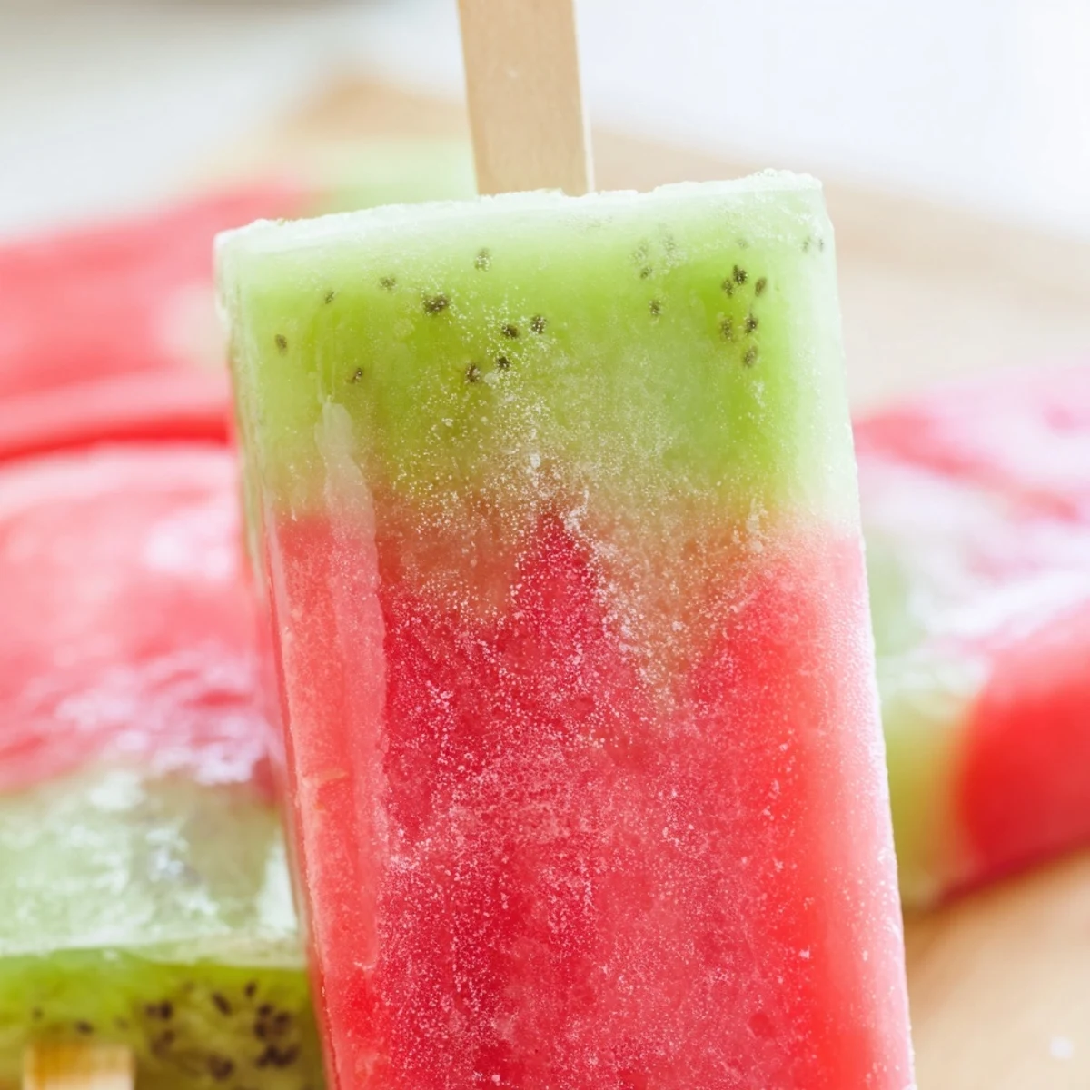 Frozen watermelon kiwi fruit pops in striped molds showing pink and green layers