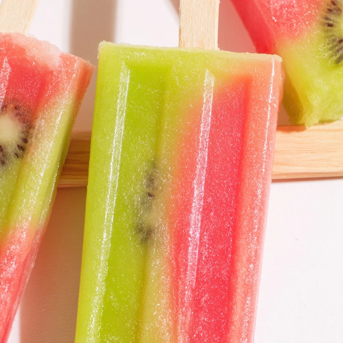 Homemade watermelon kiwi fruit pops held against bright summer sky with visible fruit texture