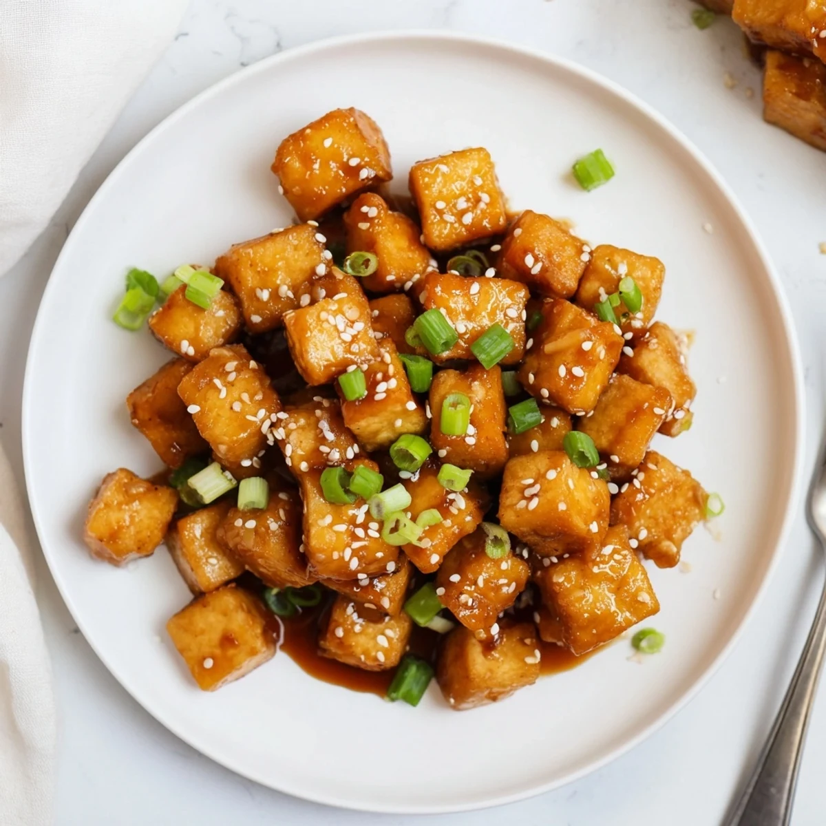 Pan-fried honey garlic tofu in glossy sauce garnished with green onions