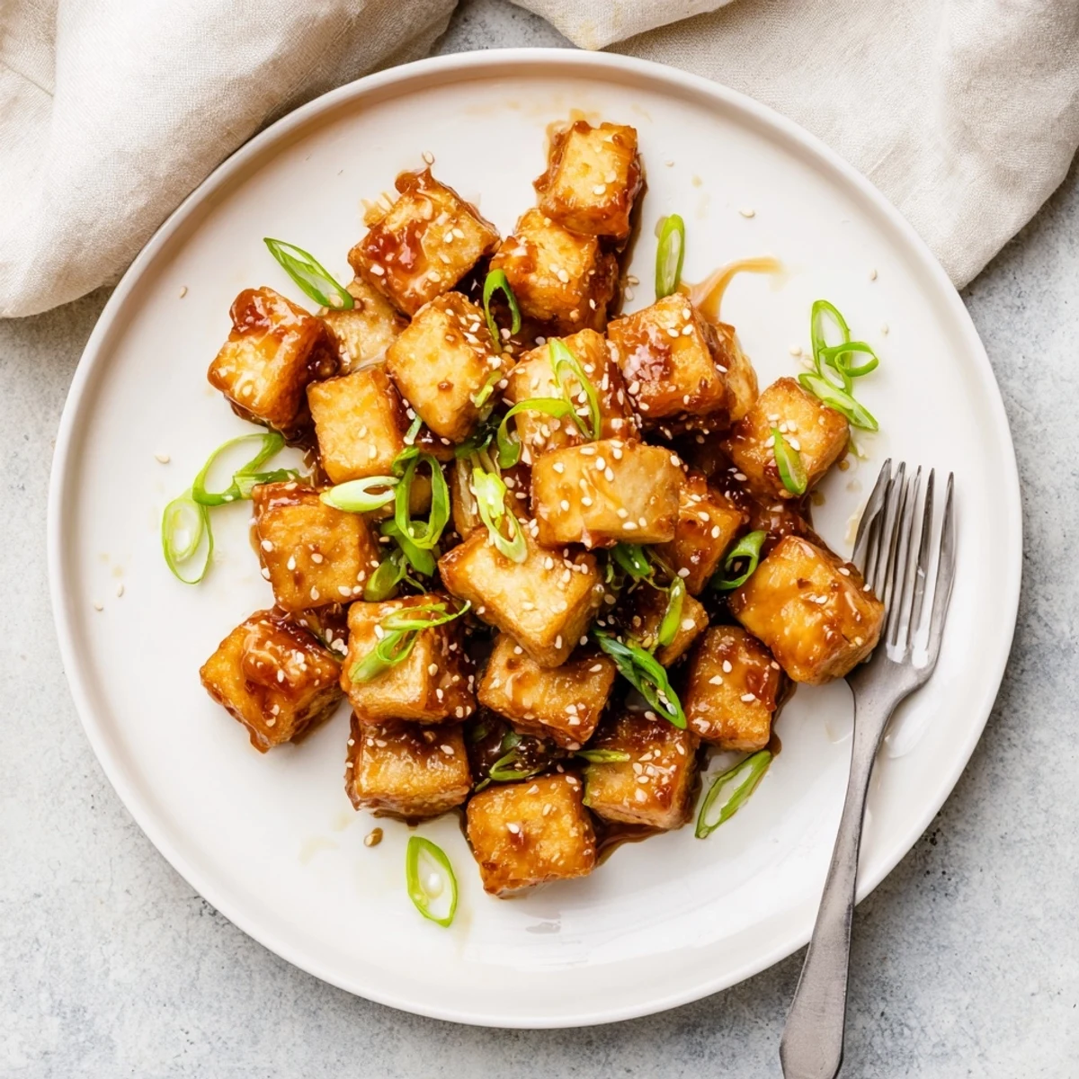 Golden crispy honey garlic tofu cubes glistening with sticky sweet glaze