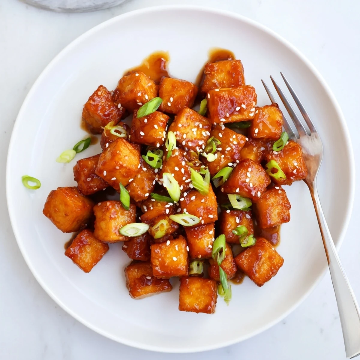 Crispy tofu pieces tossed in savory honey garlic sauce served over rice
