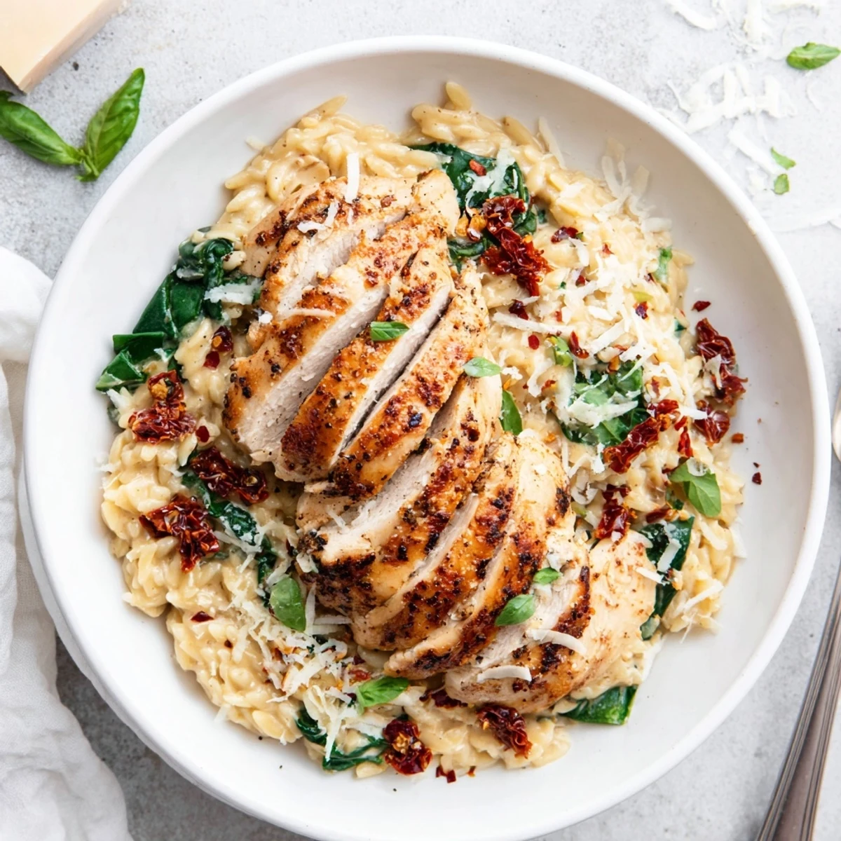 Creamy Marry Me Chicken Orzo with tender sliced chicken and sundried tomatoes in a rich parmesan sauce