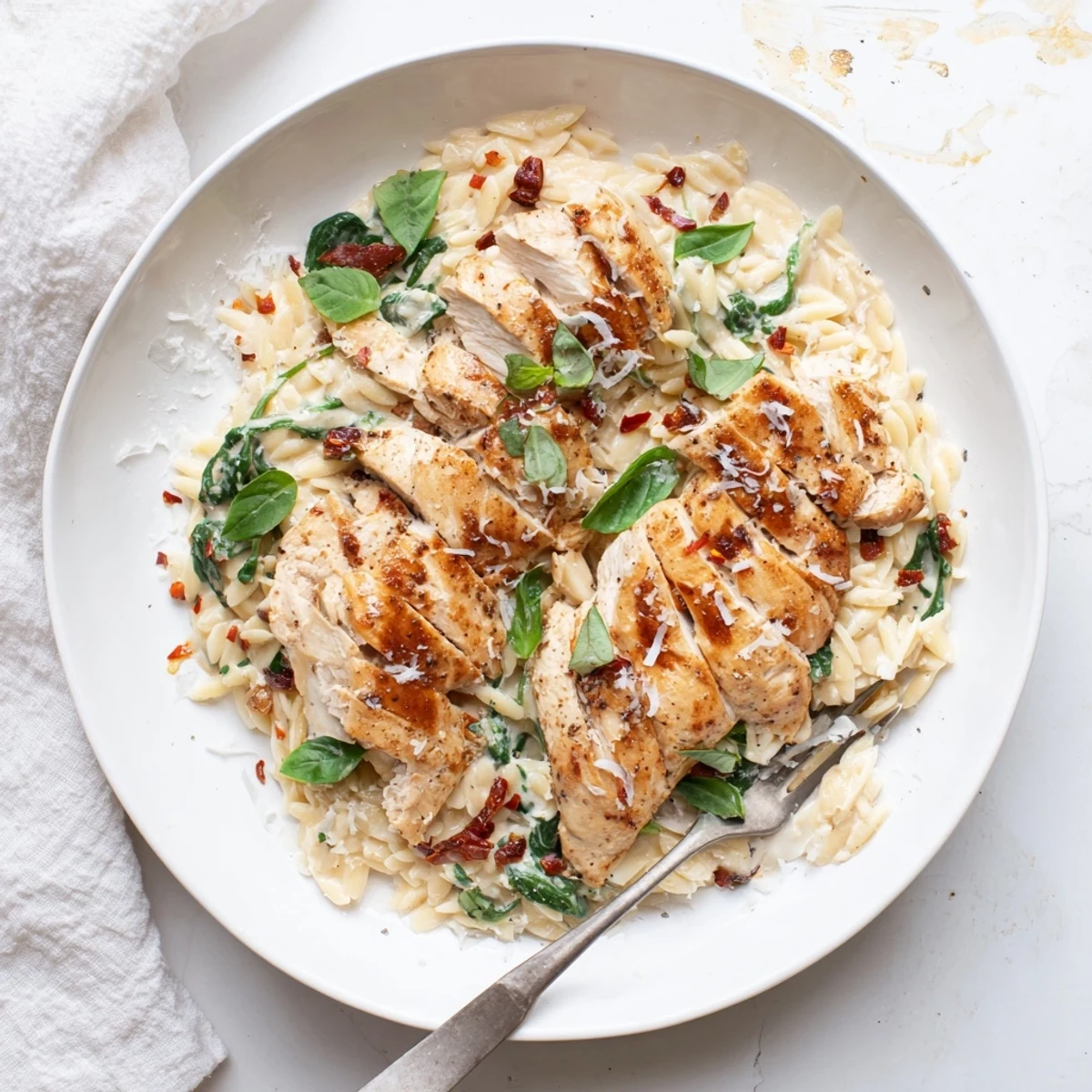 Golden seared chicken breasts nestled in savory Marry Me Chicken Orzo with fresh basil garnish