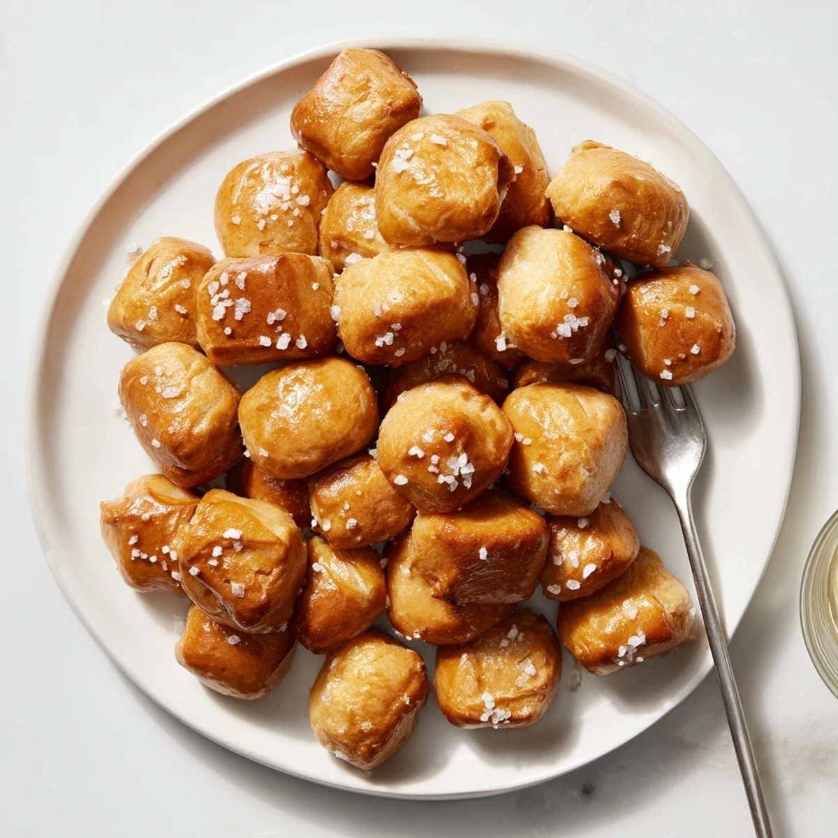Golden brown homemade soft pretzel bites sprinkled with coarse sea salt on a wooden board