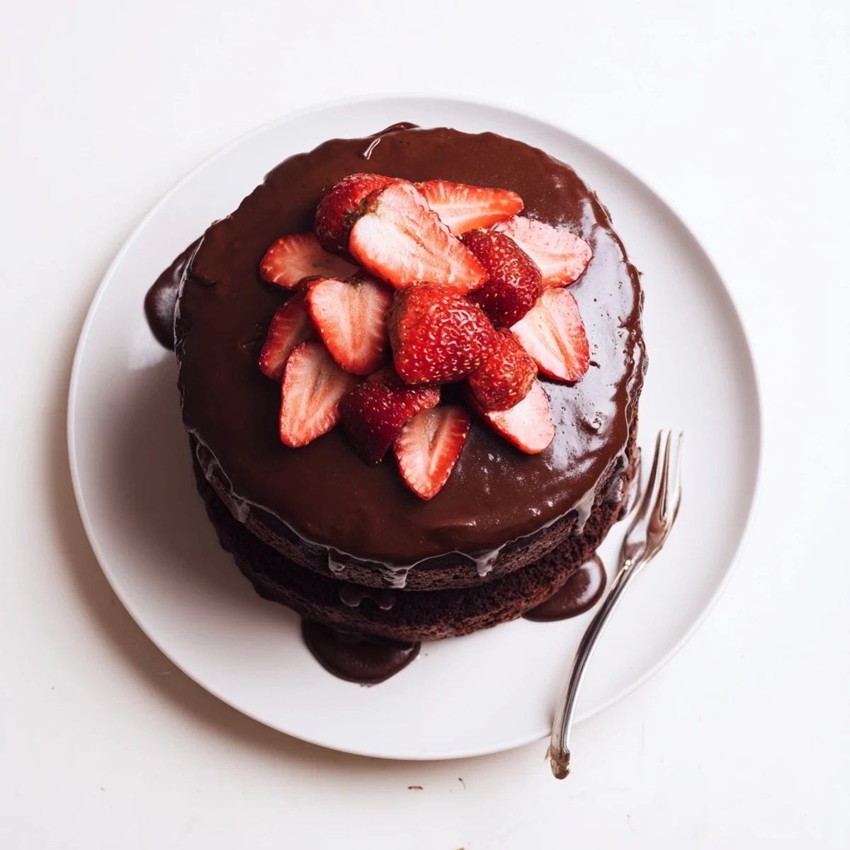 Decadent strawberry chocolate cake featuring glossy ganache dripping over fresh berry layers