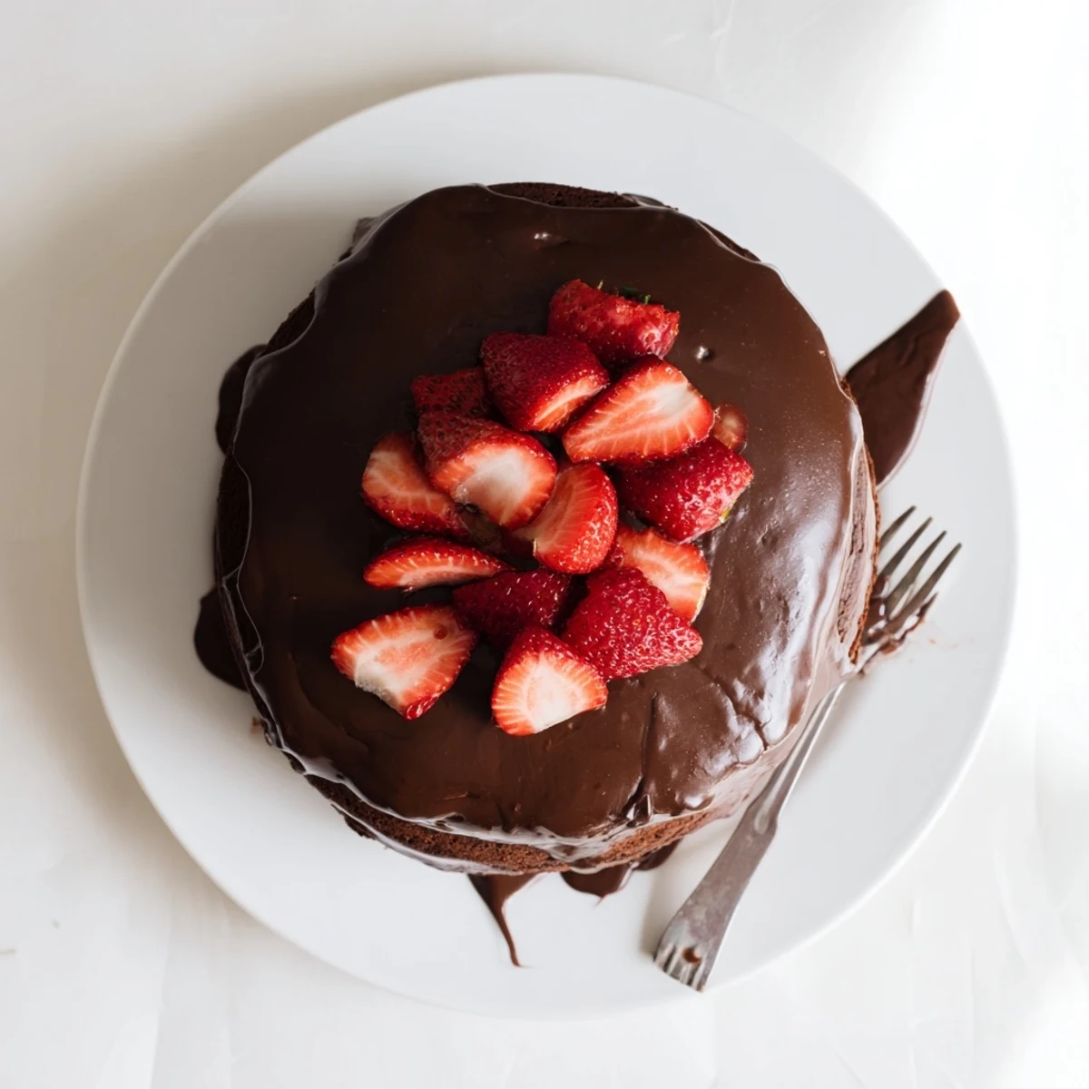 Moist chocolate cake stacked with macerated strawberries and rich creamy ganache topping