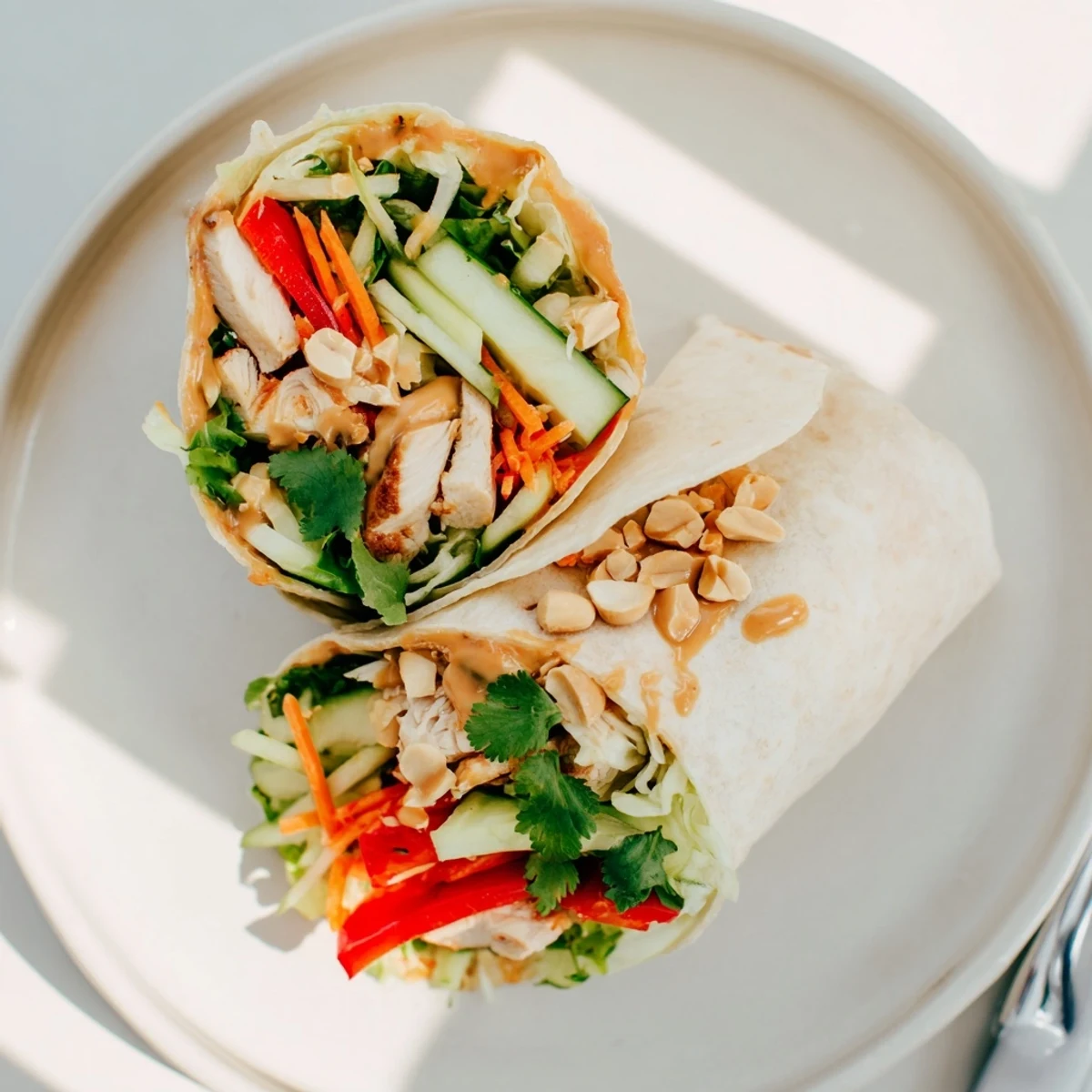Golden sliced chicken atop colorful vegetables drizzled with rich Thai peanut sauce inside a soft flour tortilla wrap
