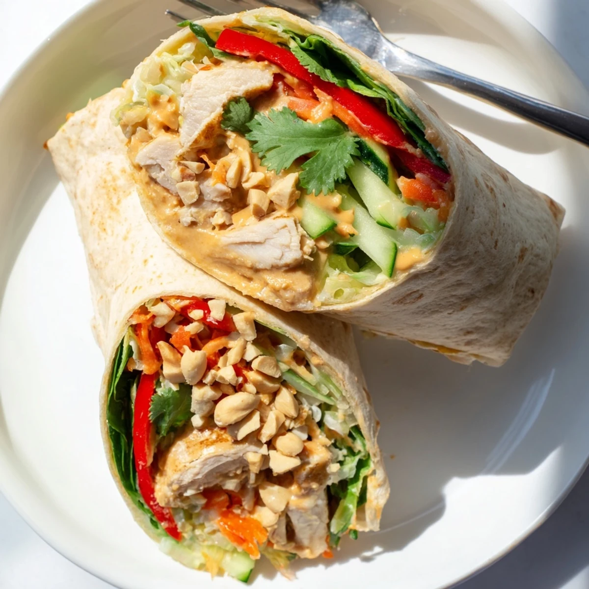Fresh Thai peanut chicken wraps stuffed with crisp bell peppers carrots cucumbers and creamy peanut dressing
