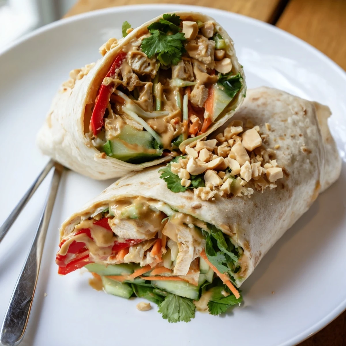 Handheld lunch wrap featuring marinated grilled chicken crunchy veggies and savory Thai peanut sauce in a tortilla