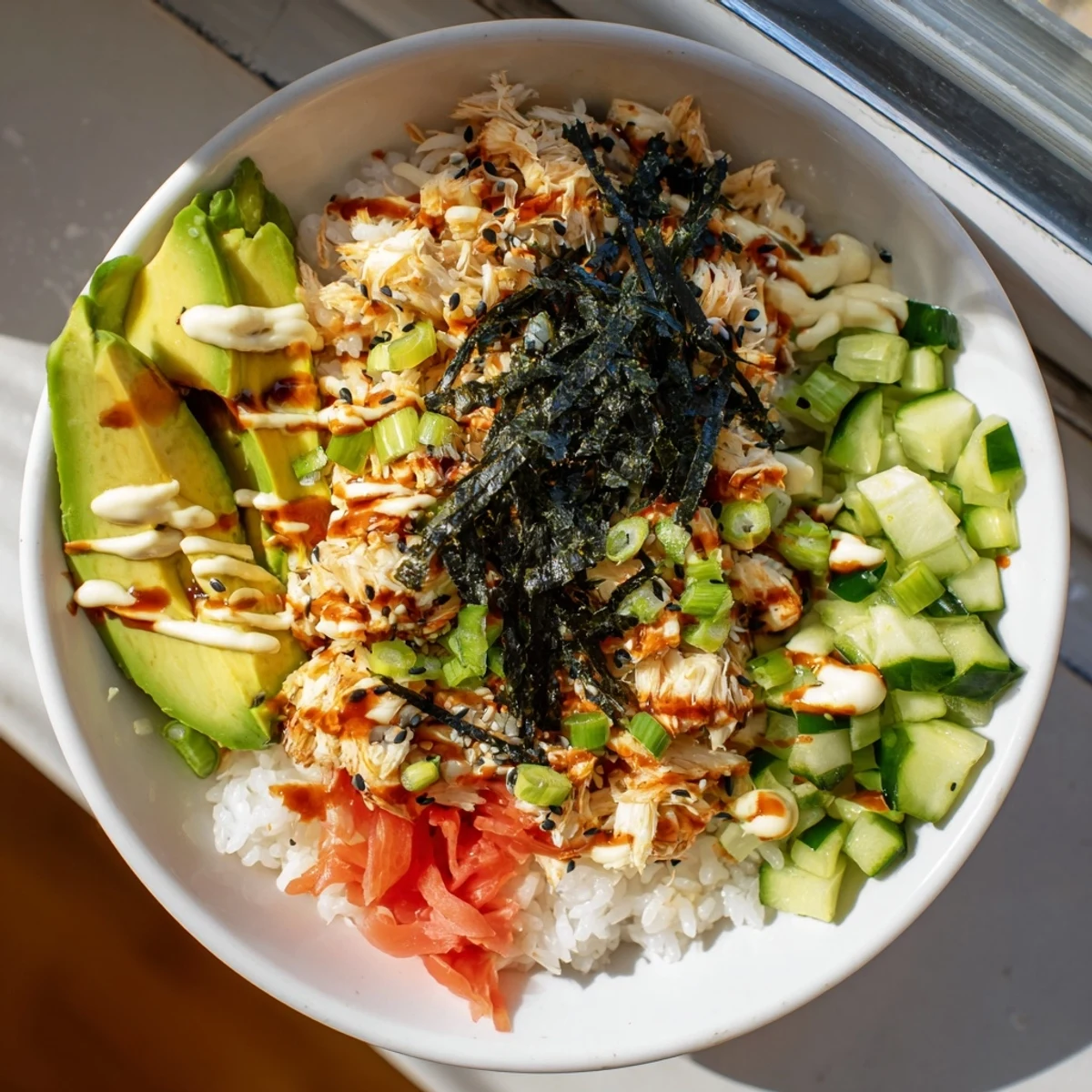 Colorful California roll sushi bowl loaded with crab, avocado, cucumber, and nori strips