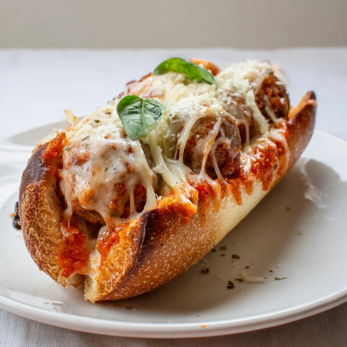 Cheesy Meatball Subs with melted mozzarella, steaming marinara, and toasted golden rolls