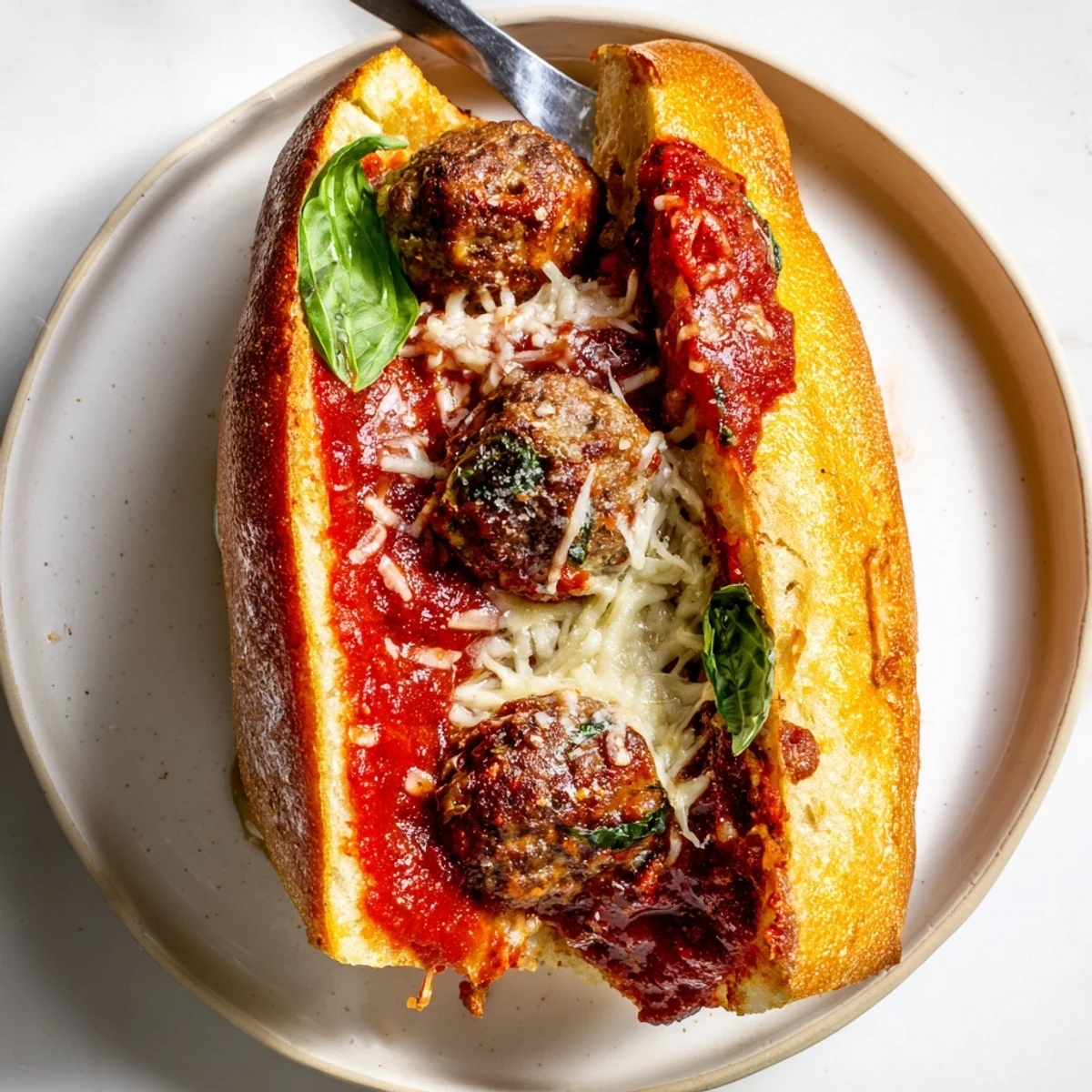Classic Cheesy Meatball Subs stacked in toasted rolls, garnished with fresh basil