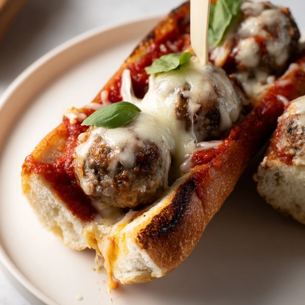 Oven-broiled Cheesy Meatball Subs bubbling cheese and crisped edges, ready to eat