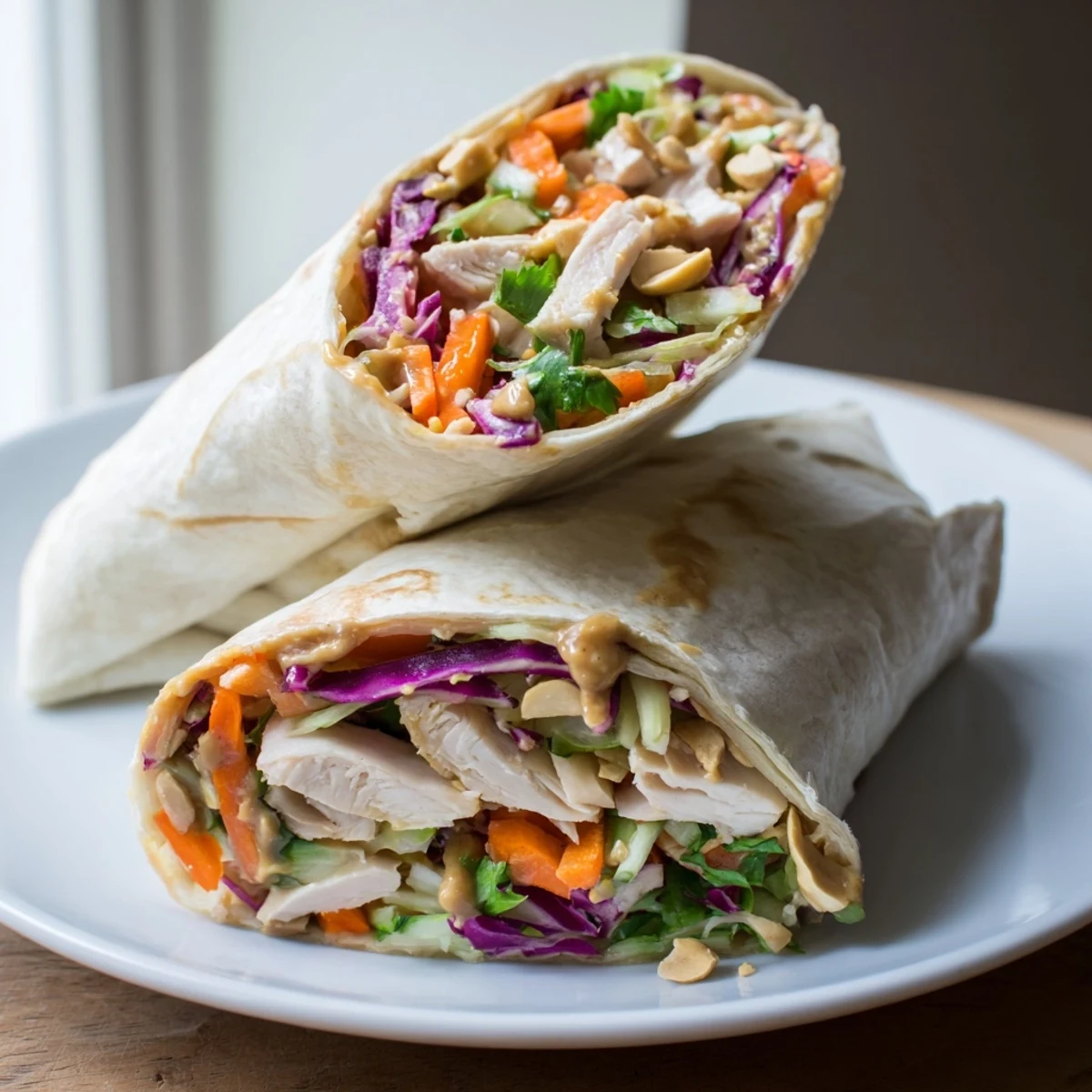 Thai Peanut Chicken Wraps with creamy sauce, crisp cabbage, and cilantro garnish