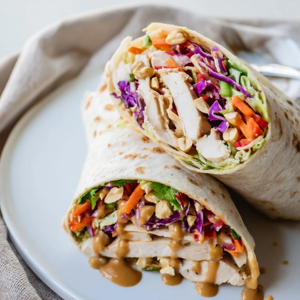 Warm Thai Peanut Chicken Wraps sliced in half, ready for quick lunch