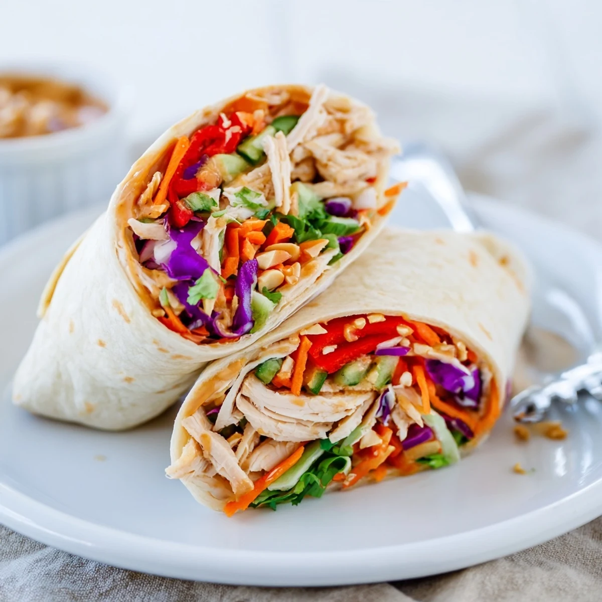 Chewy tortillas encase Thai Peanut Chicken Wraps with crunchy carrots and peanuts