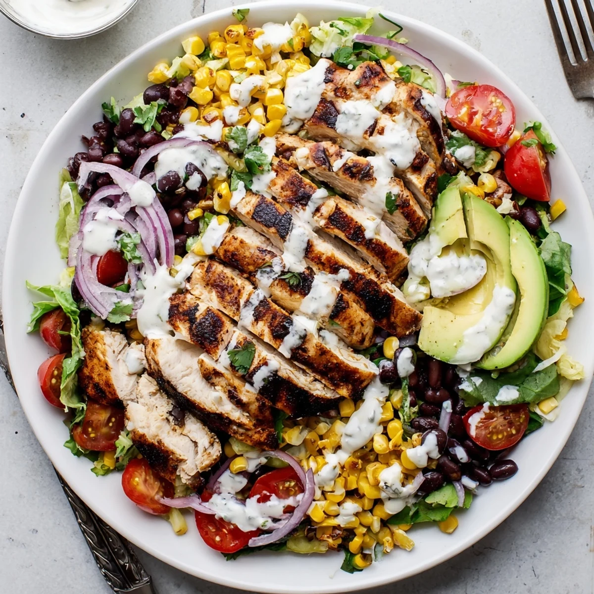 Hearty Southwestern Chicken Salad topped with sliced spicy chicken and fresh cilantro