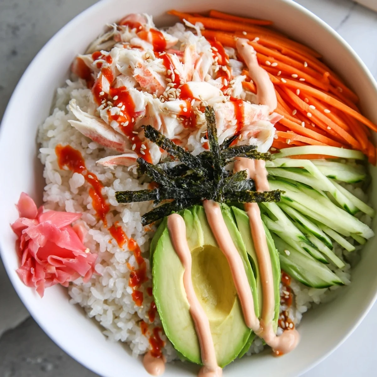 California Roll Sushi Bowls with creamy avocado, sesame crunch, soy sauce  