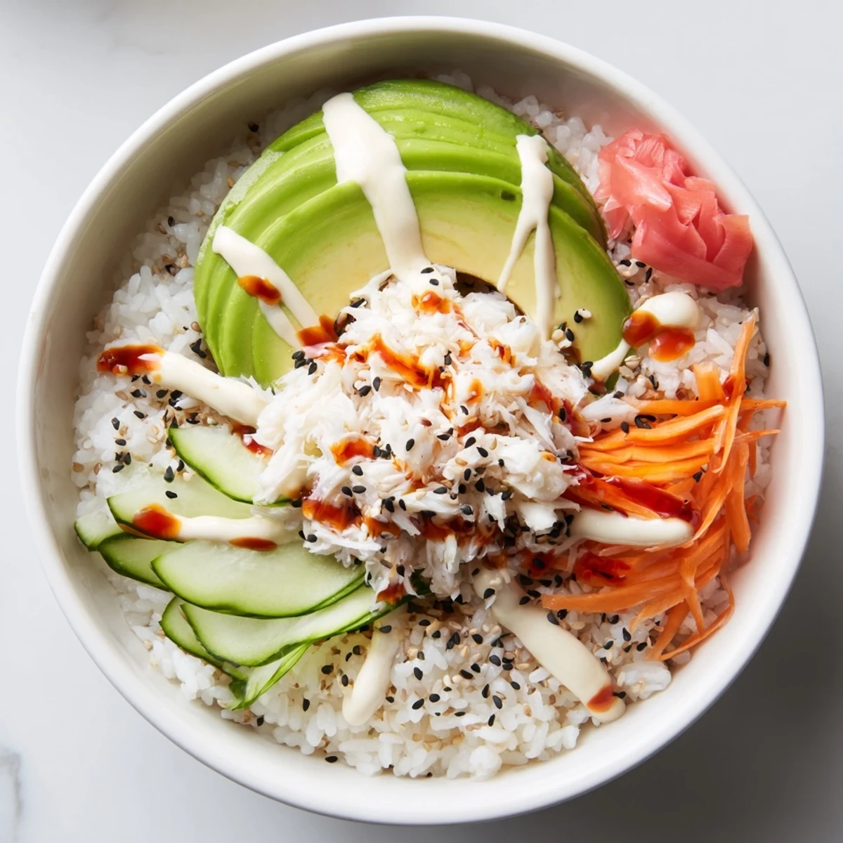 Weeknight California Roll Sushi Bowls topped with spicy mayo drizzle and nori