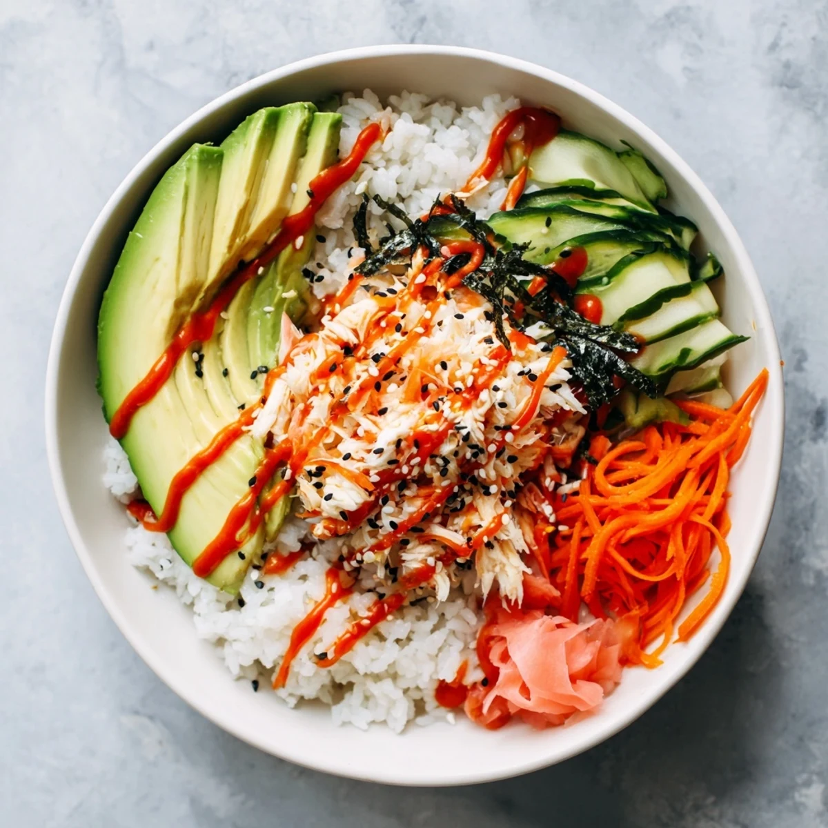Bright California Roll Sushi Bowls arranged over seasoned rice, pickled ginger  