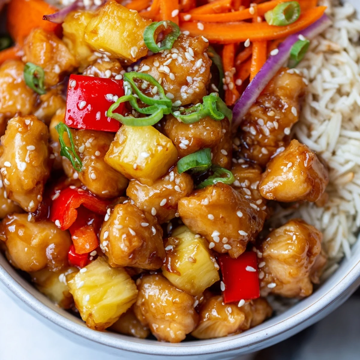 Juicy pineapple chicken rice bowl served over steamed jasmine rice with vegetables