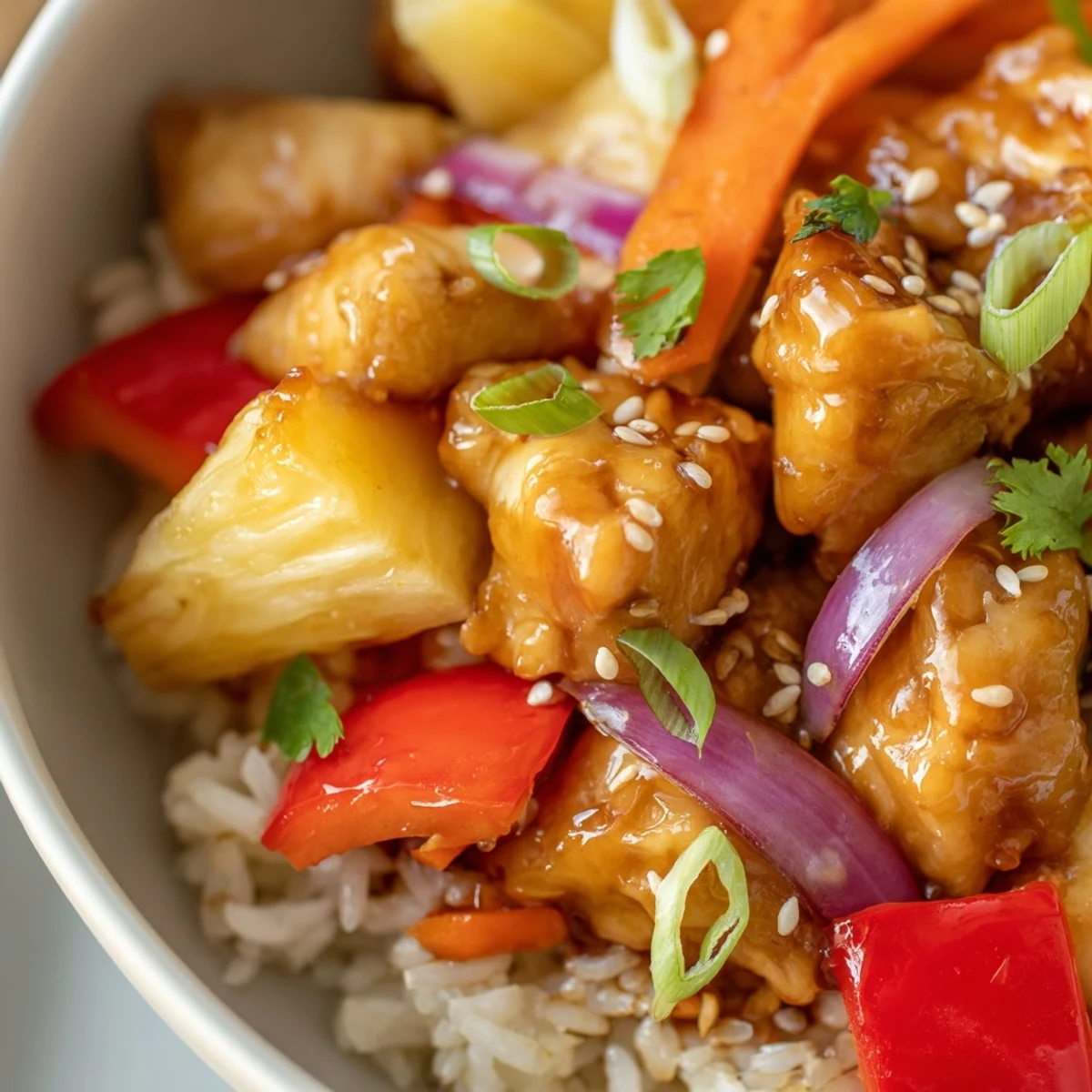 Golden pineapple chicken rice bowl topped with sesame seeds and fresh cilantro
