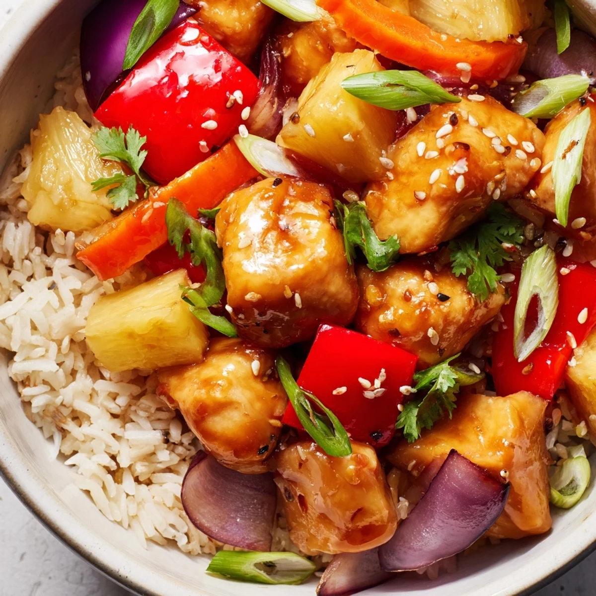 Sweet and savory pineapple chicken rice bowl garnished with lime wedges and scallions