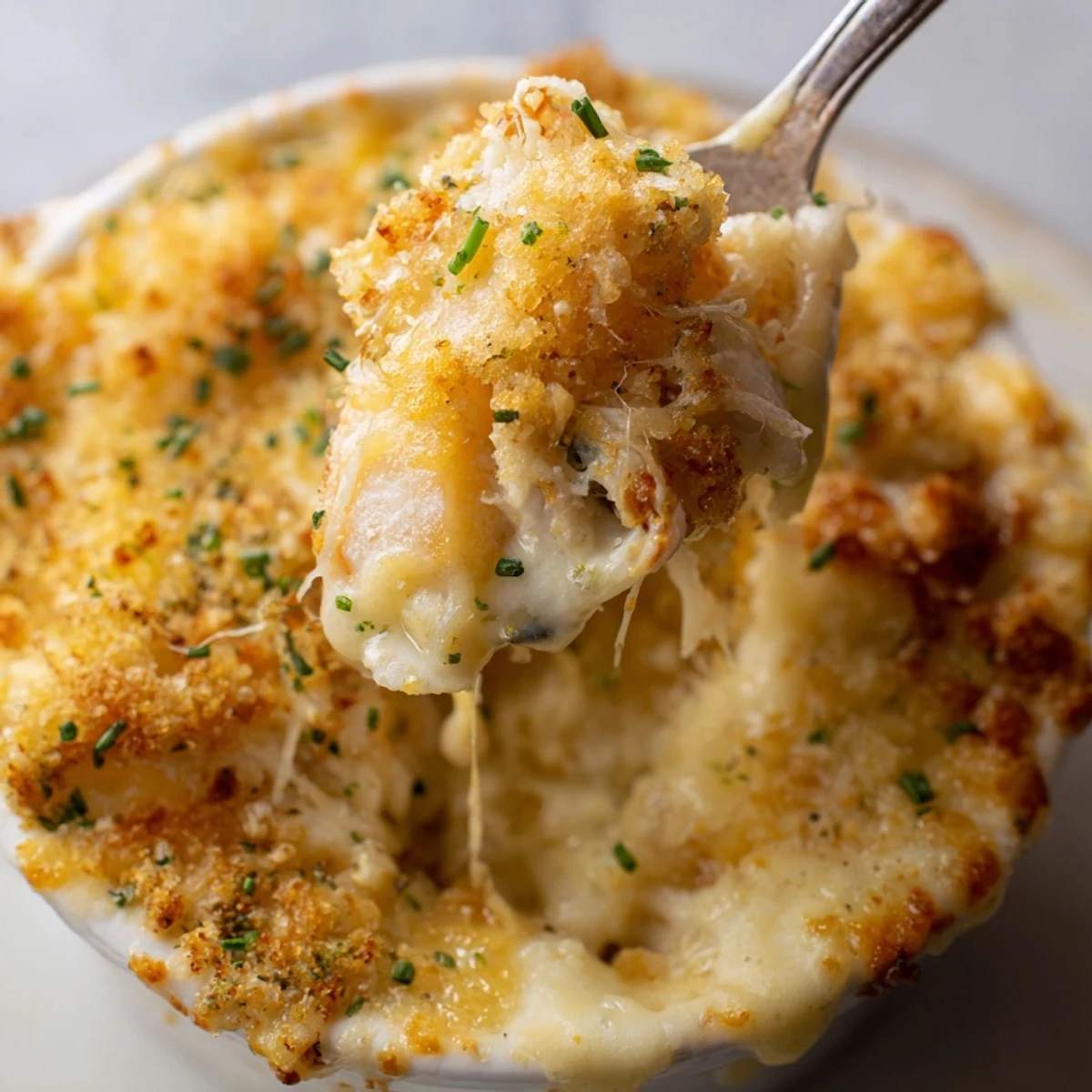 Golden bubbling Cheesy Jumbo Lump Crab Au Gratin fresh from the oven with crispy panko topping