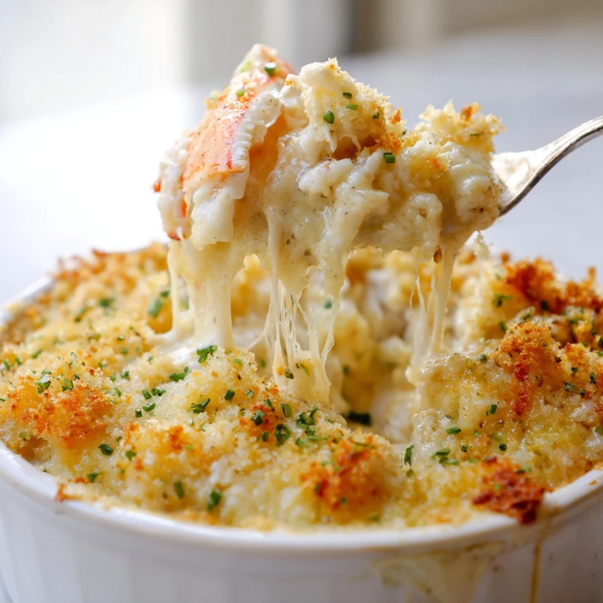 Creamy spoonful of Cheesy Jumbo Lump Crab Au Gratin served in a ramekin with fresh chives