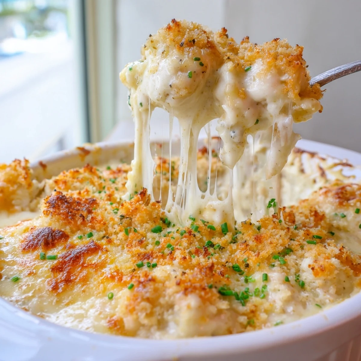 Cheesy Jumbo Lump Crab Au Gratin with a caramelized crust alongside bright lemon wedges for serving