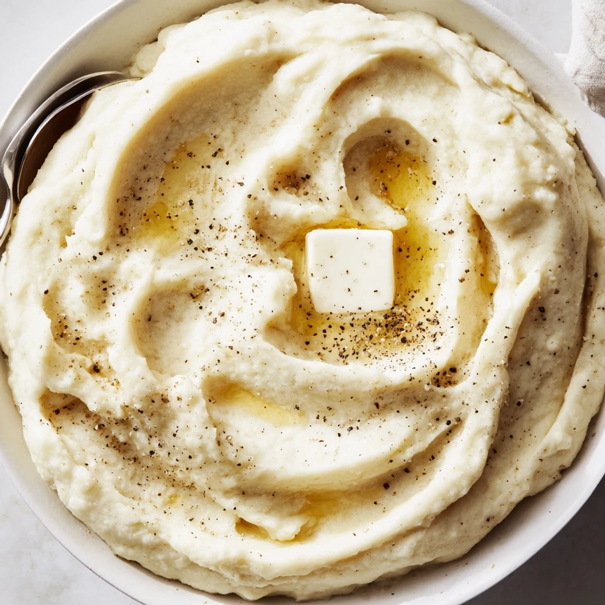A steaming bowl of velvety mashed potatoes swirled with melted butter and fresh cracked pepper