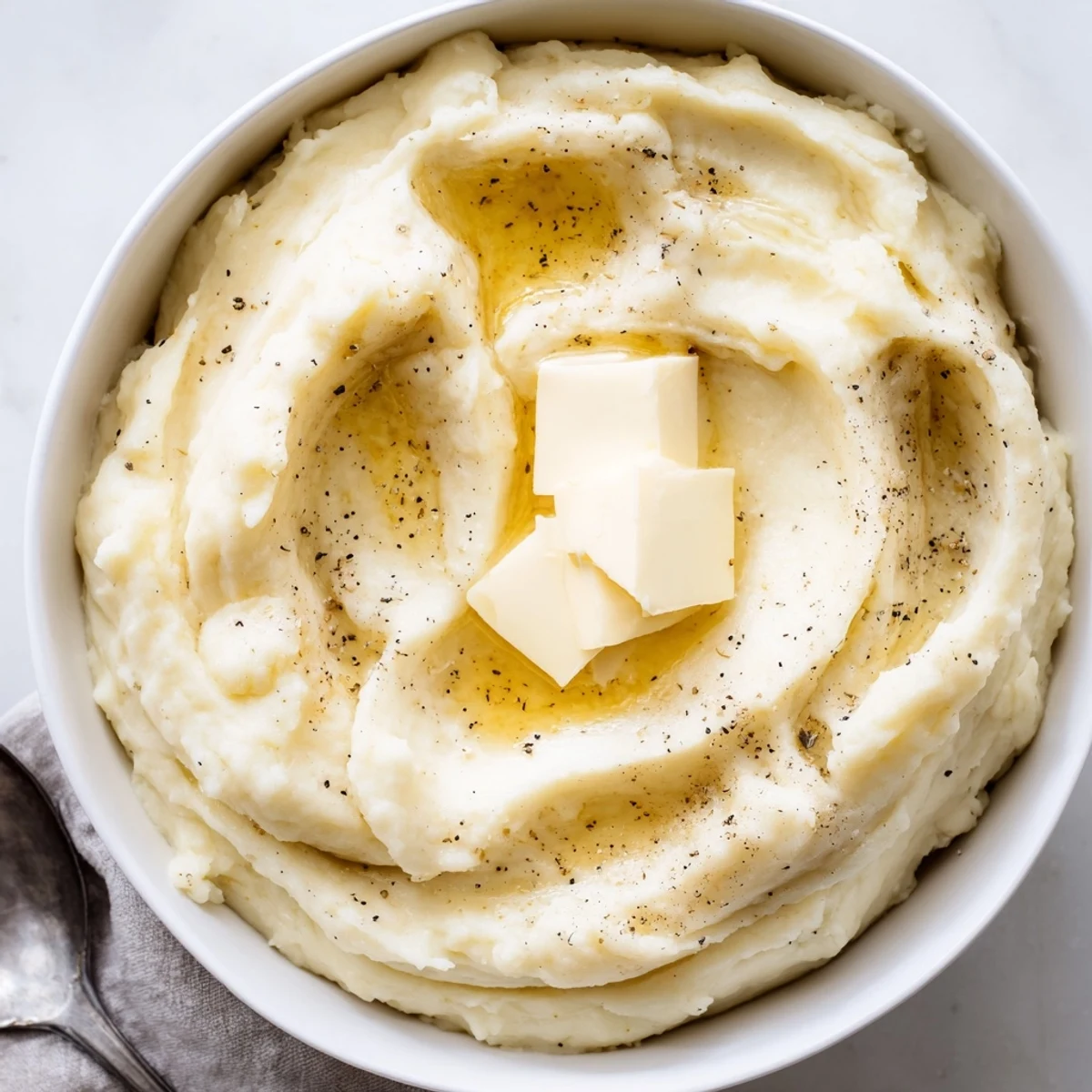 Creamy velvety mashed potatoes piled high in a rustic bowl ready for holiday dinner