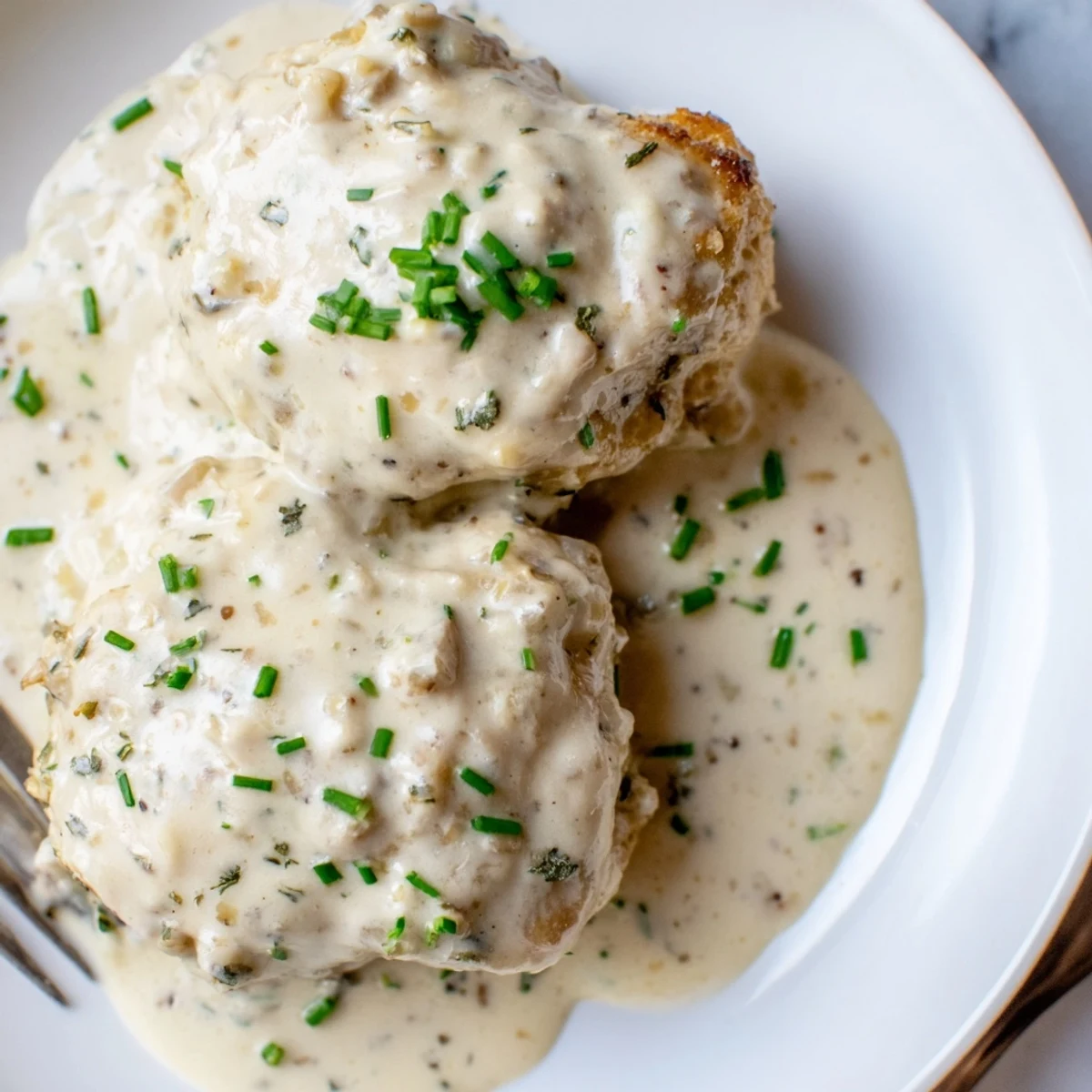 Creamy garlic cream cheese chicken in a golden skillet with fresh herbs